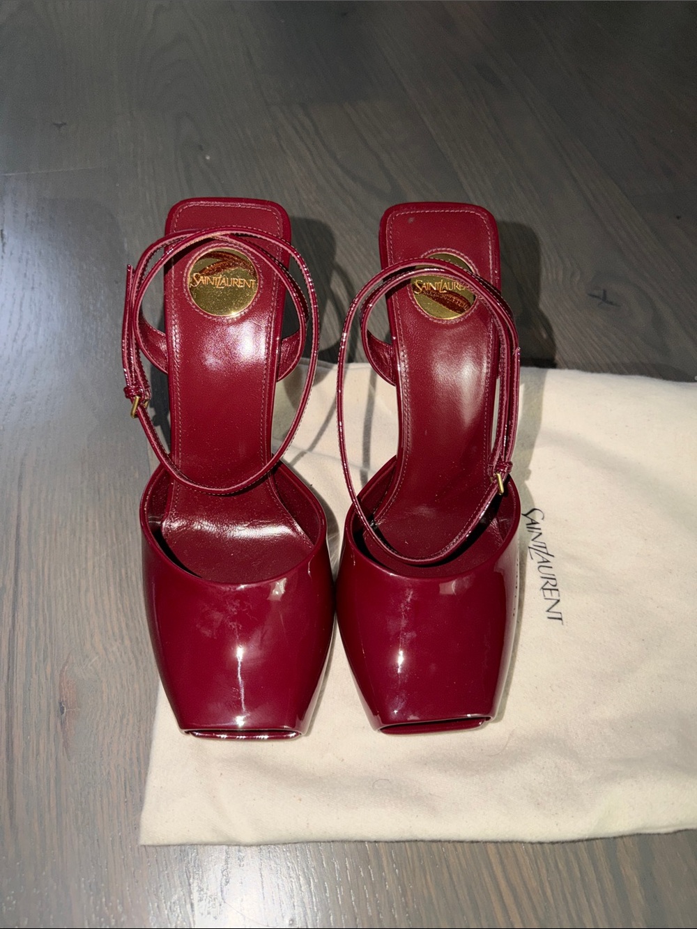 Saint Laurent Red Patent Leather Square-Toe Ankle-Strap Heels